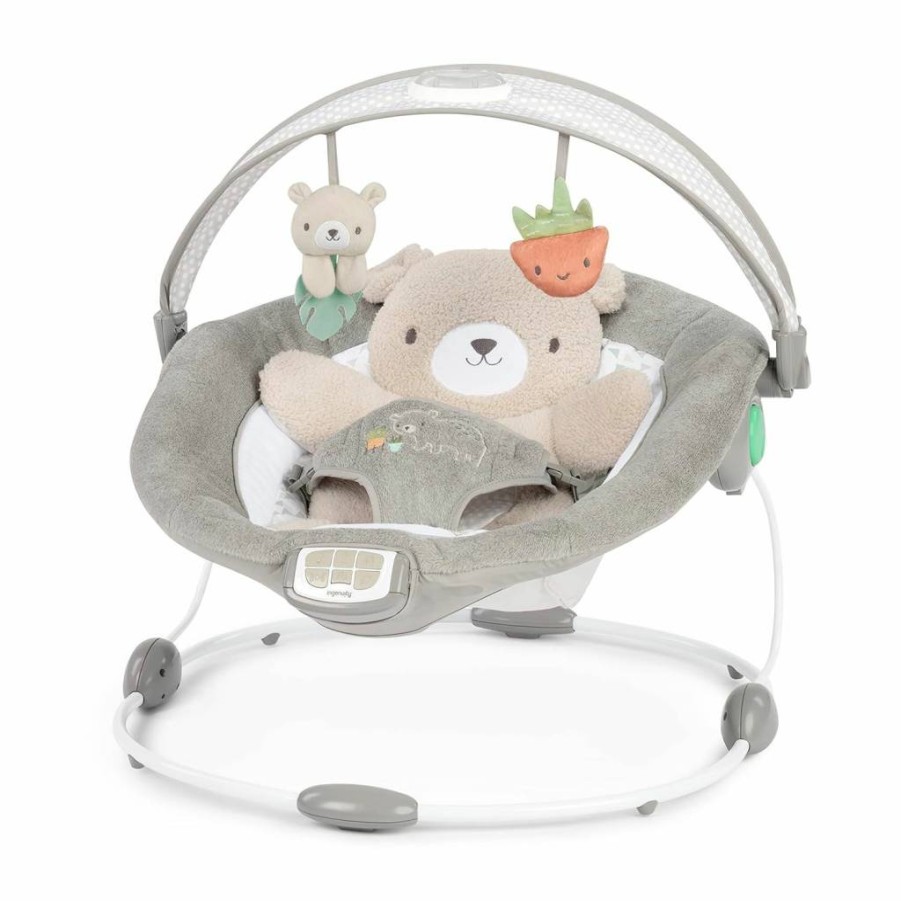 Ingenuity Inlighten Baby Bouncer with Light-Up Toy Bar, Vibration, Sounds & Tummy Time Pillow for Infants 0-6 Months (Up to 20 lbs) - Twinkle Tails Bunny Design