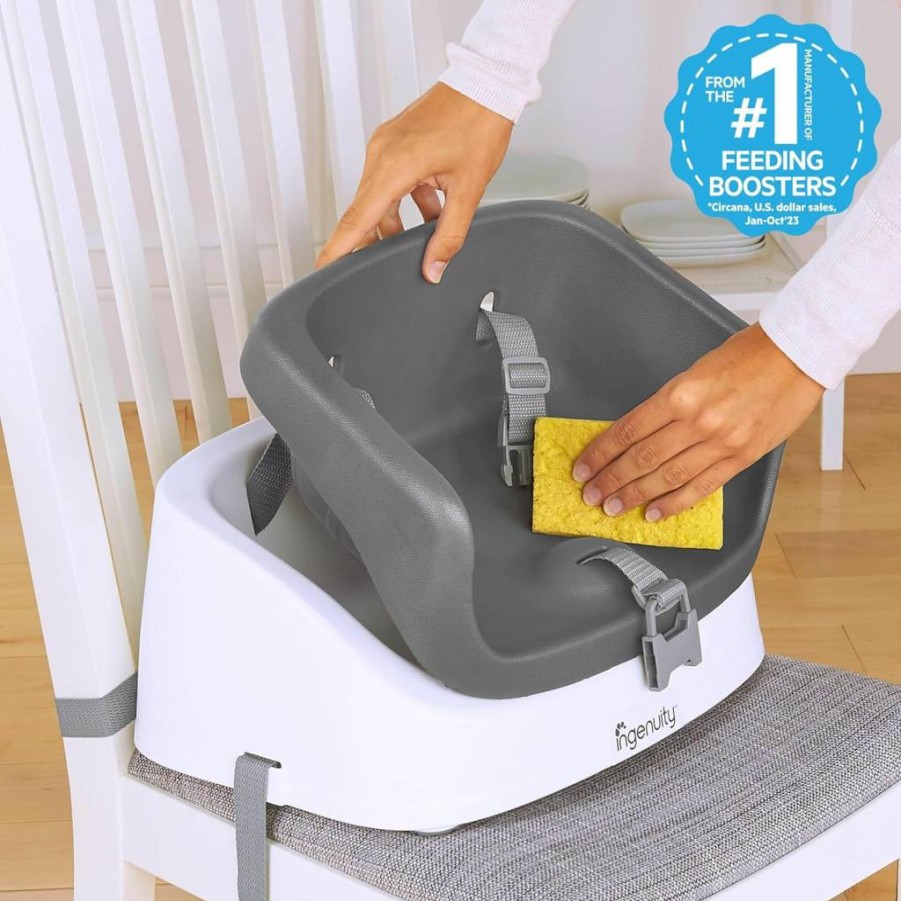 Ingenuity SmartClean Portable Toddler Booster Seat - Lightweight, Easy-Clean High Chair with 3-Point Harness for Dining Table - Slate Gray Baby Travel Booster