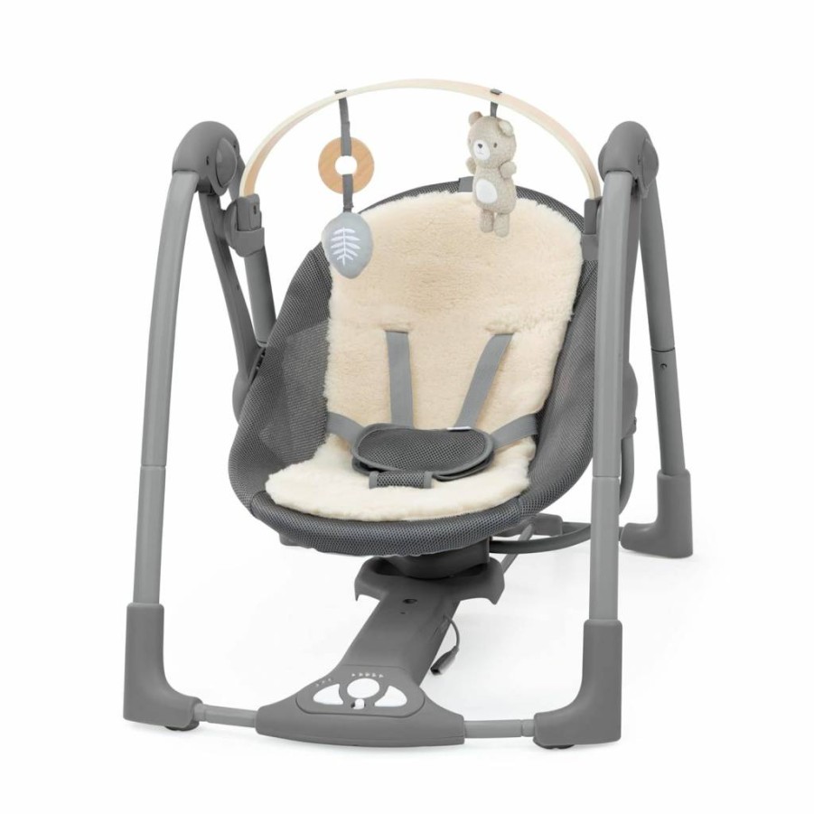 Ingenuity Bella Teddy Baby Swing - Portable Foldable 5-Speed Infant Swing with Plush Toys, Soothing Sounds & Cushioned Harness for Newborns 0-9 Months (6-20 lbs)