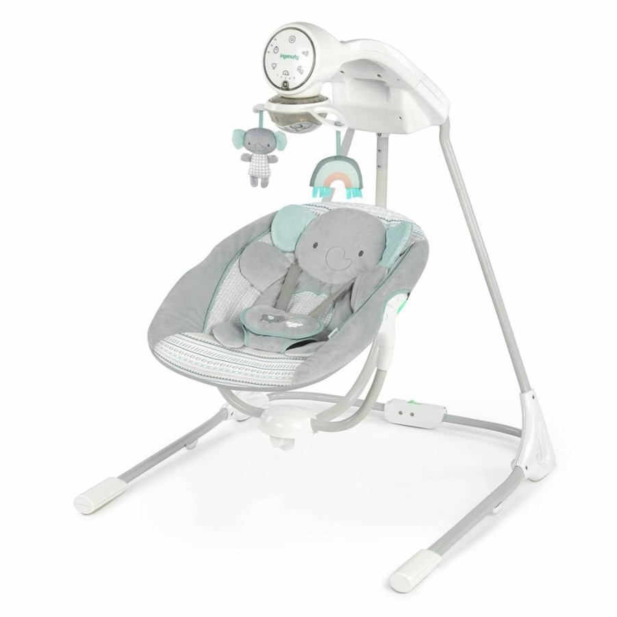 Ingenuity Inlighten 5-Speed Baby Swing with Swivel Seat, 5-Point Harness, Soothing Nature Sounds & Lights - Kitt Fox Design for Infants