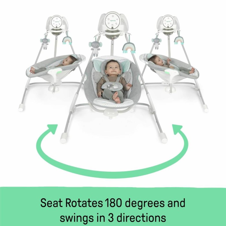 Ingenuity Inlighten 5-Speed Baby Swing with Swivel Seat, 5-Point Harness, Soothing Nature Sounds & Lights - Kitt Fox Design for Infants