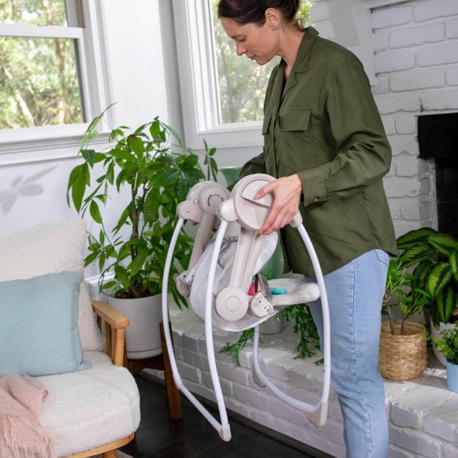 Ingenuity Comfort 2 Go Portable Baby Swing - 6-Speed, Foldable, with Soothing Music & Cushion - for Infants 0-9 Months (6-20 lbs) - Cuddle Lamb Design